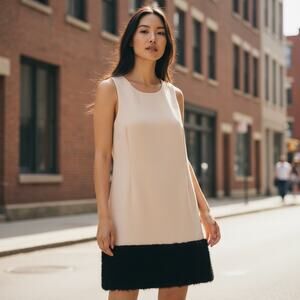 Julie Brown Nude Sleeveless Shift Dress Black Fur Hem Party Women's Size 8 NWT